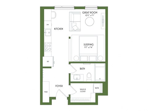 Floor plan for studio, 1 bath, 526 sqft